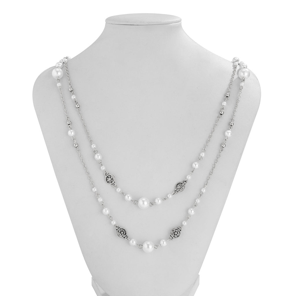 Elegant Long Pearl Necklace – Gold & Silver Tone