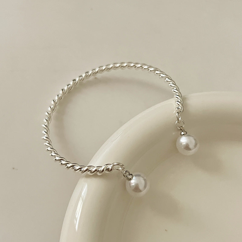 Twisted Silver Bracelet with Pearl Drops